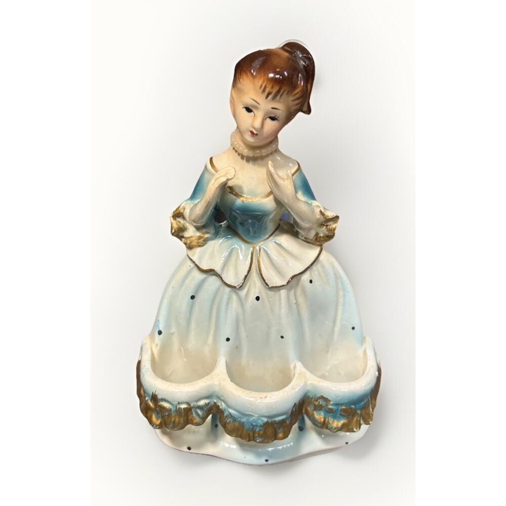 Vintage Chadwick Ceramic Vanity Lipstick Holder Girl Blue Dress Necklace